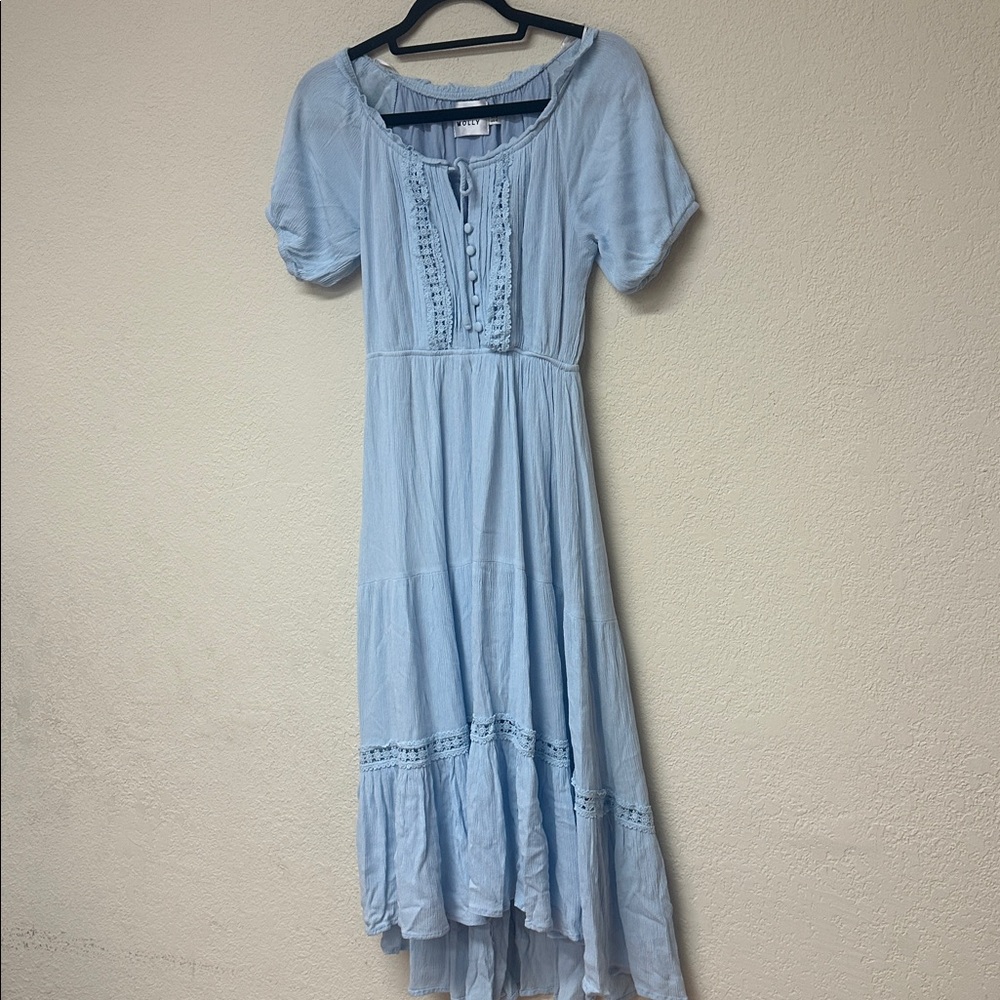 Hello Molly womans in the clouds Powder Blue V-Neck Tiered Midi Dress L - Picture 3 of 5